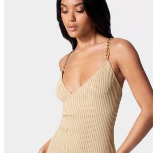 Bebe Women's Chain Strap Rib Knit Bodycon Dress Brown Size XSmall